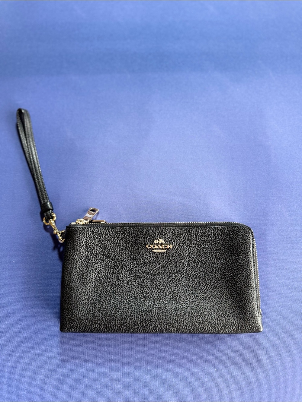 COACH Black Pebbled Leather Wristlet with Gold Logo